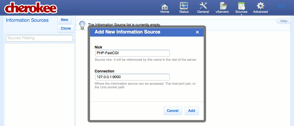Creating a new information source on the Sources page of the Cherokee admin panel on Fedora 13.