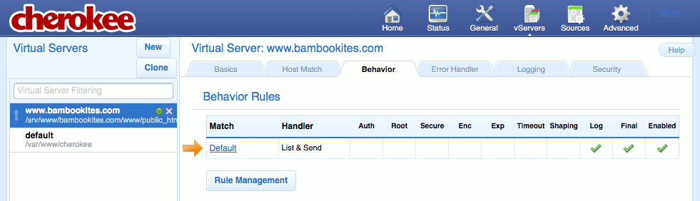 The Behavior tab on the vServers page of the Cherokee admin panel on Fedora 13.