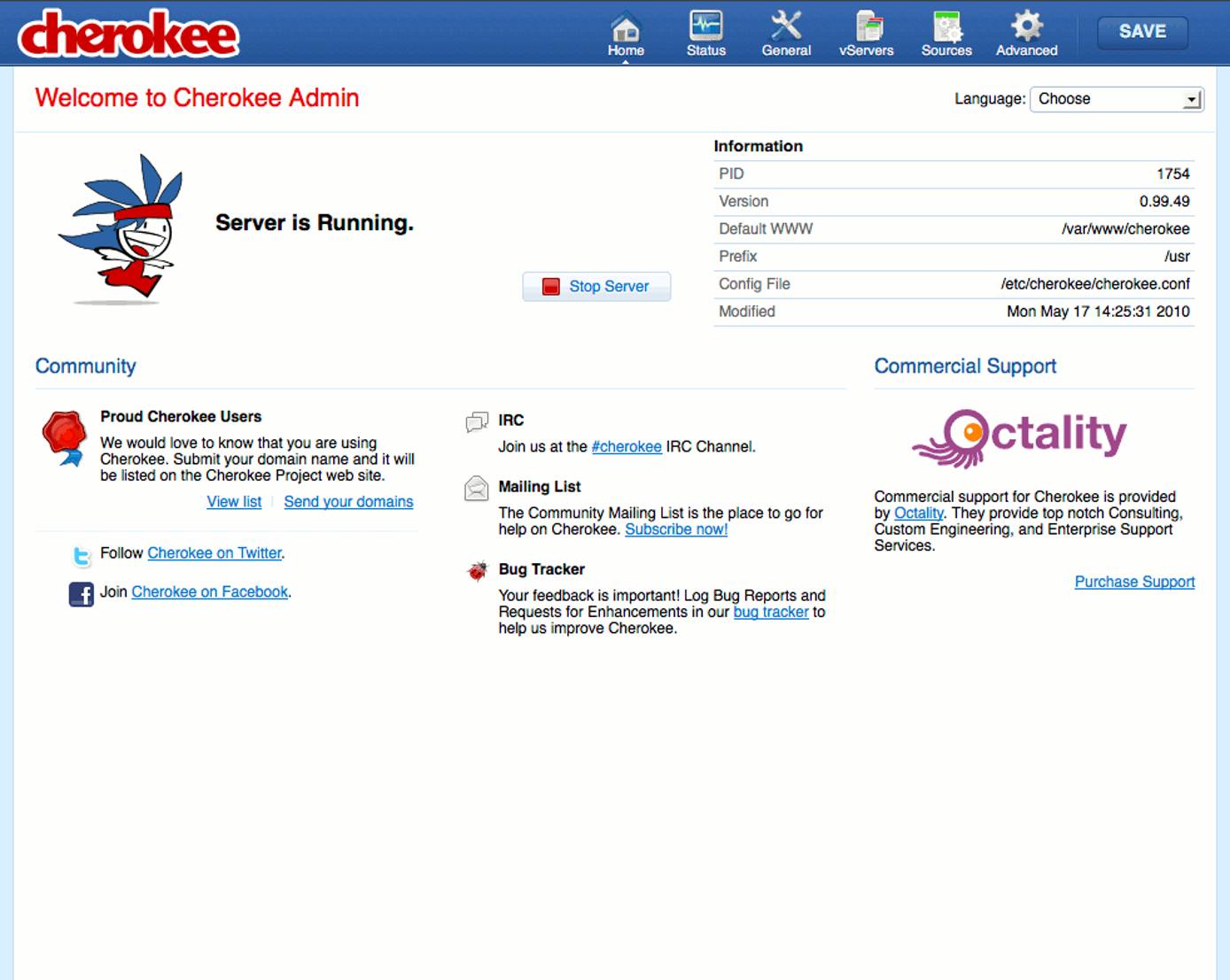 The cherokee-admin web server administration interface running on a Fedora 13 Linode. The cherokee-admin web server administration interface running on a Fedora 13 Linode.