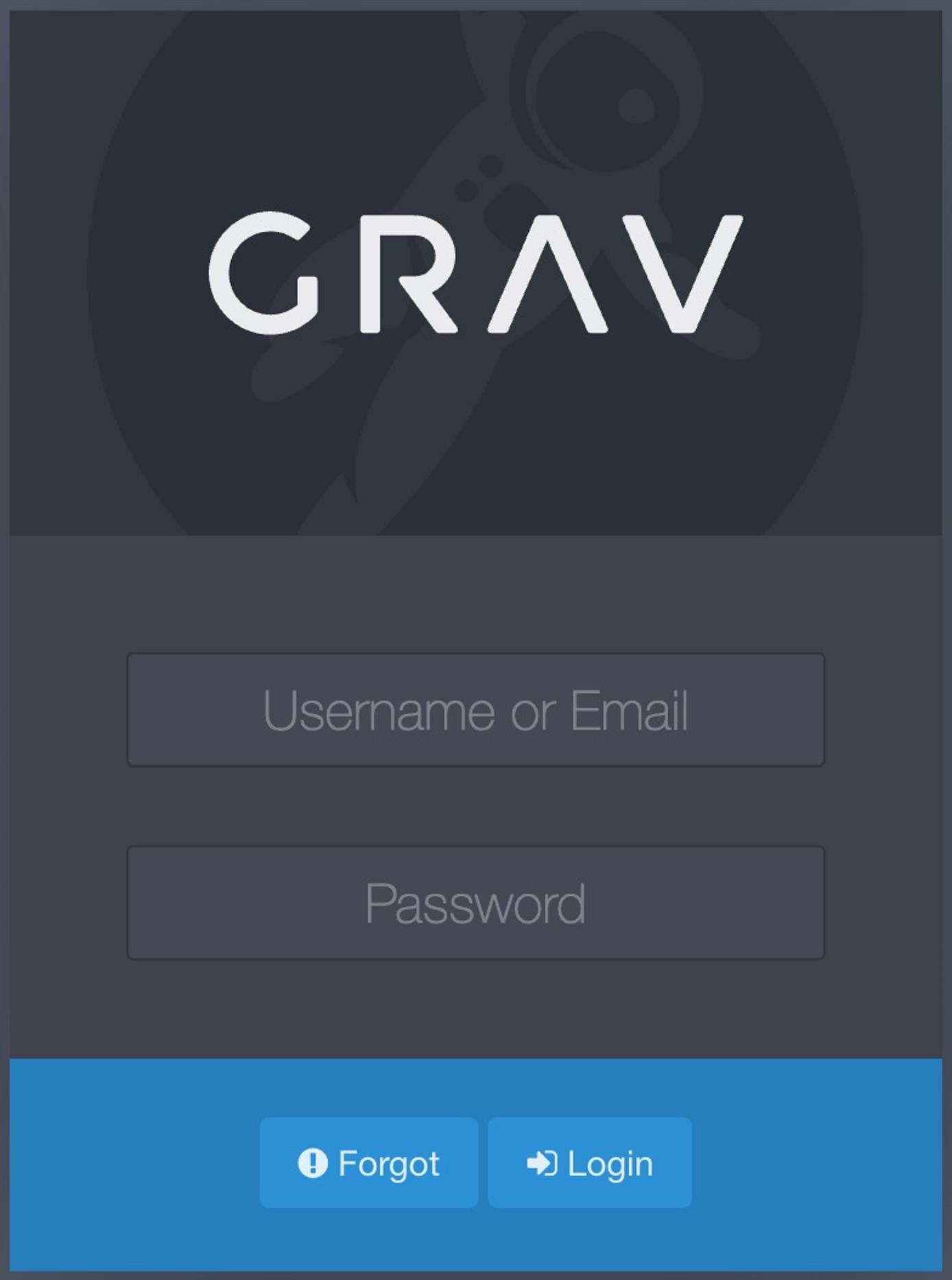 Screenshot of the Grav login page Screenshot of the Grav login page