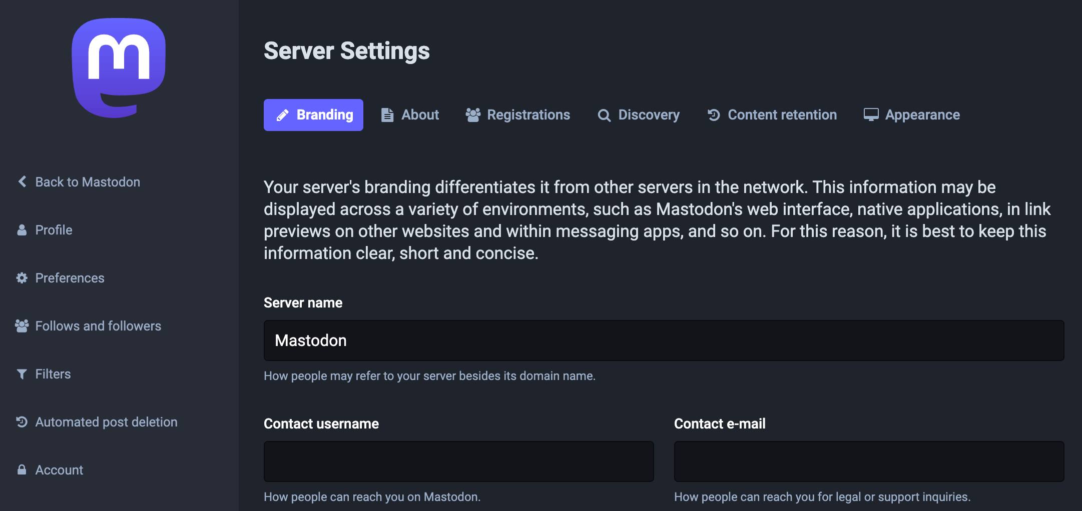 Screenshot of Mastodon admin page Screenshot of Mastodon admin page