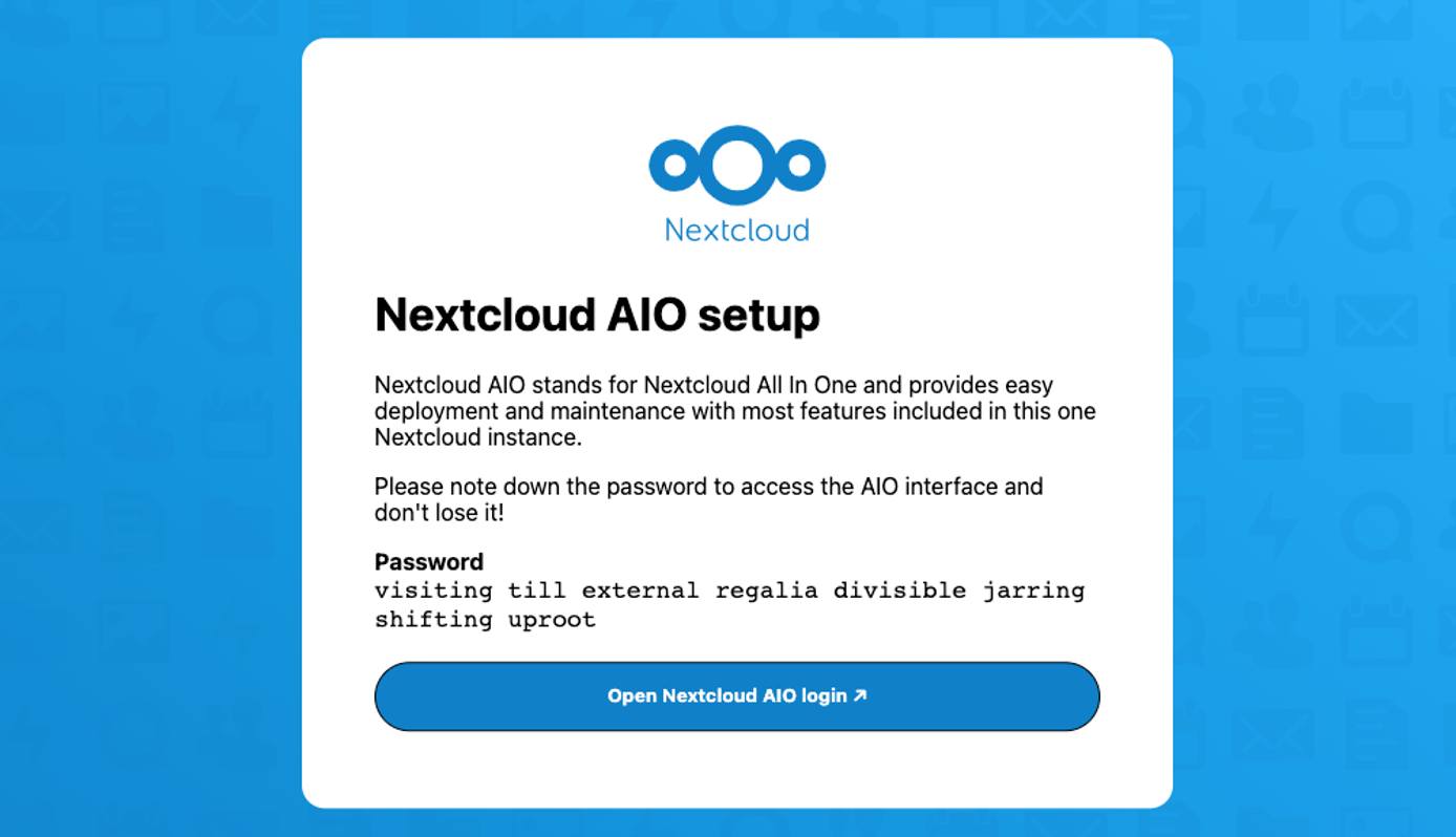 Screenshot of the Nextcloud AIO password Screenshot of the Nextcloud AIO password