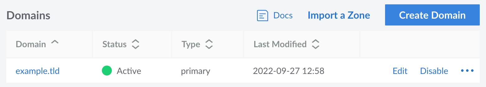 Screenshot of the Domains listing page in Cloud Manager Screenshot of the Domains listing page in Cloud Manager