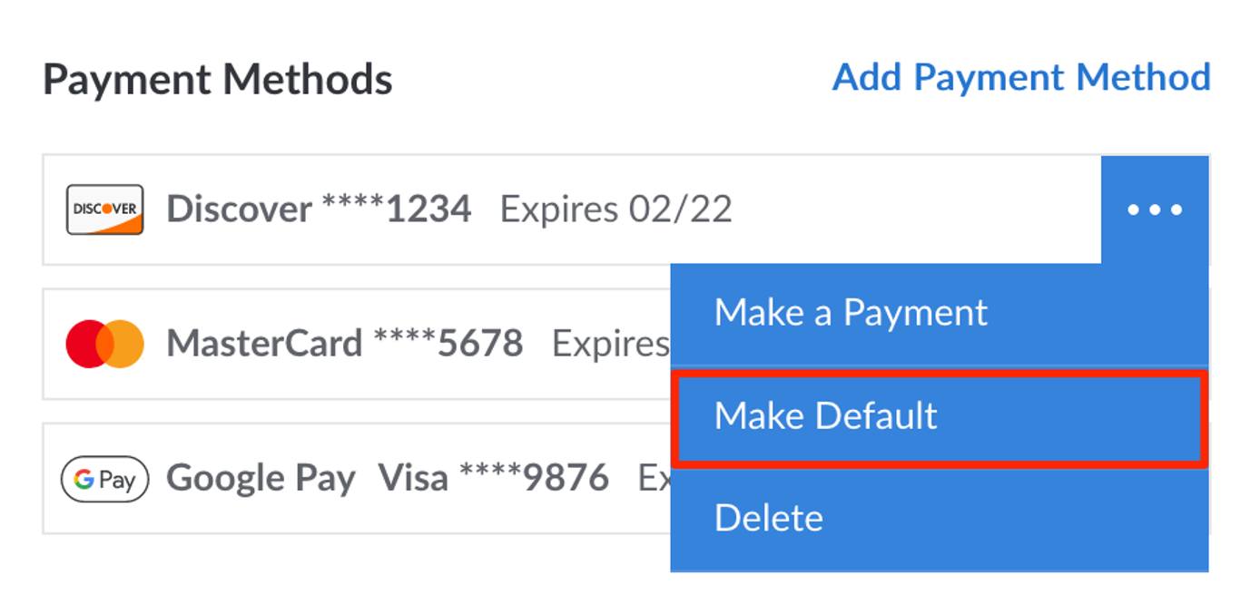The Make Default button within a payment methods dropdown menu The Make Default button within a payment methods dropdown menu